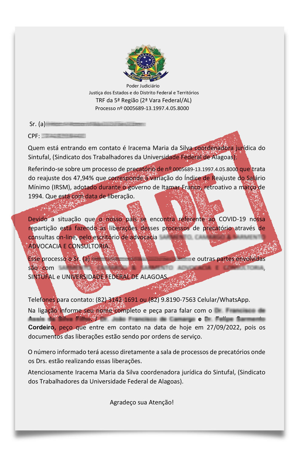 Documento enviado por golpistas utiliza nome da Coordenadora Jurídica do Sintufal e de advogados ligados ao processo, informando a falsa existência de precatório a ser pago em nome do filiado/a.