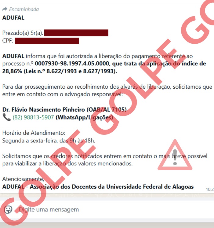 Nova tentativa de golpa contra docente utiliza nome de advogado da Adufal.