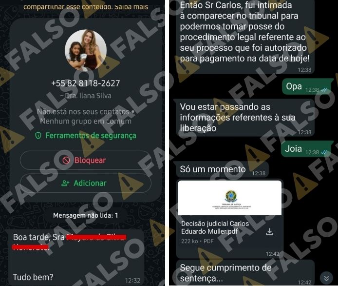 Prints de mensagens enviadas pelos golpistas a docentes. Estelionatários utilizam imagem e nome da advogada Ilana Cavalcanti. Foto: Arquivo Pessoal/Ascom Adufal