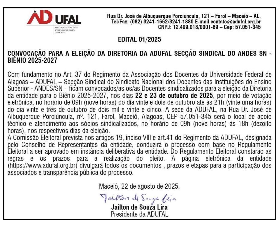 Captura de tela do edital publicado no jornal Gazeta de Alagoas, divulgado amplamente nesta sexta-feira, 22 de agosto