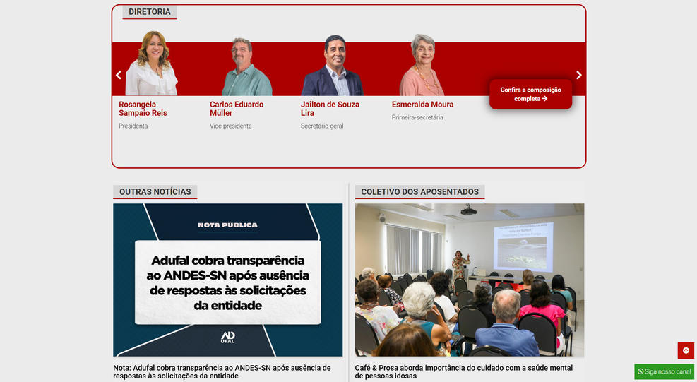 Na p&aacute;gina principal do site da Adufal, se&ccedil;&atilde;o da Diretoria ganhou novo design. 