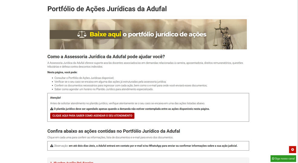 Site da Adufal agora tem uma p&aacute;gina dedicada ao portf&oacute;lio de a&ccedil;&otilde;es jur&iacute;dicas. 